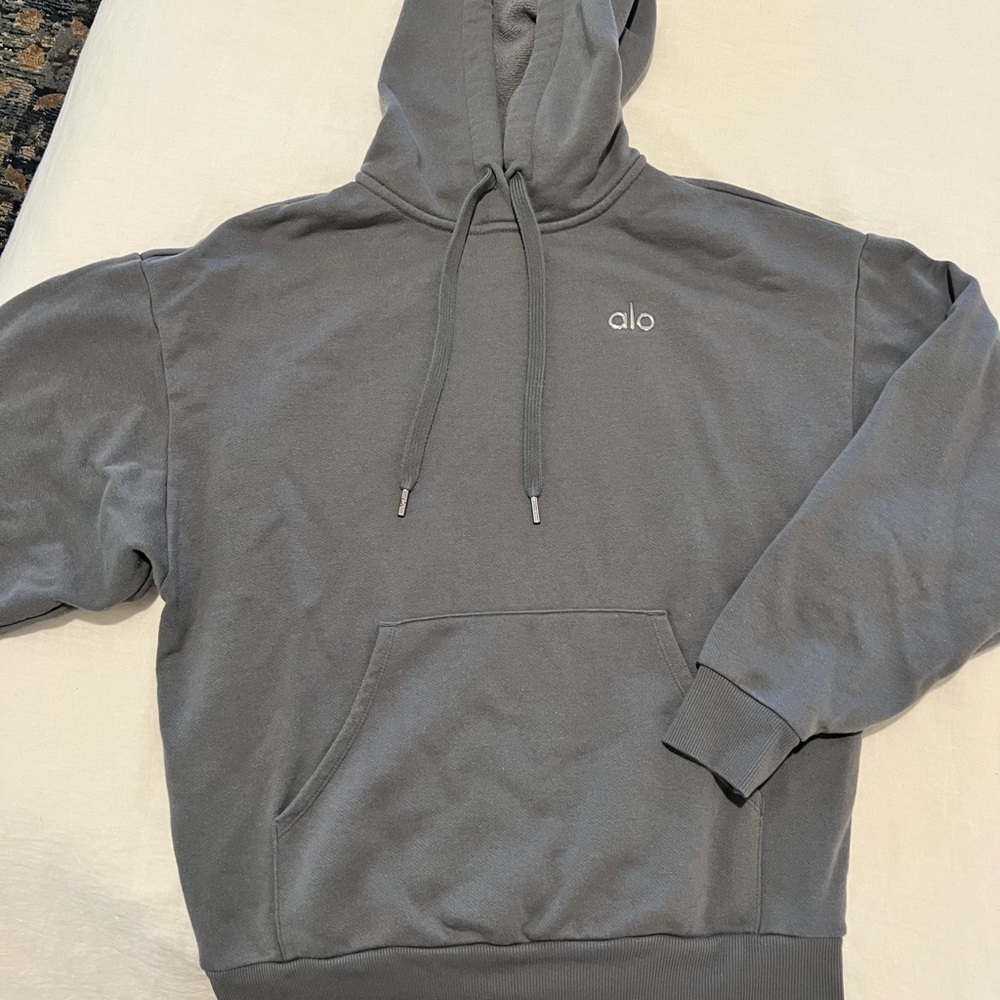 ALO Yoga Gray Sweatshirt with Hood and Ribbed Cuffs